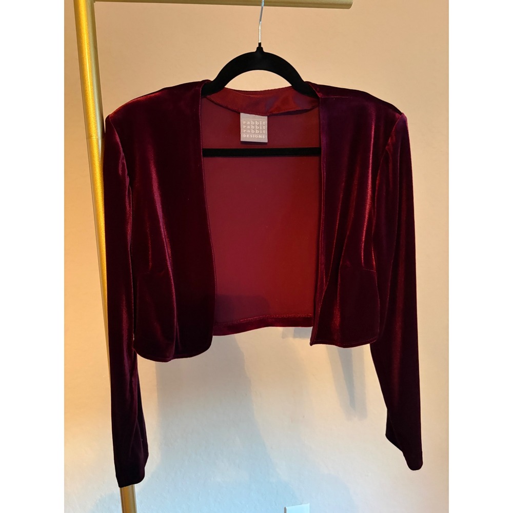 Vintage 90s Rabbit Rabbit Rabbit Designs Burgundy Velvet Bolero Jacket 10 USA